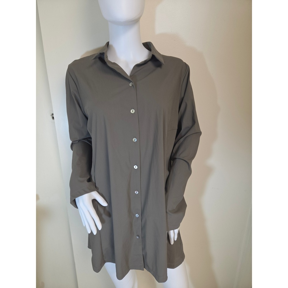 MarlaWynne Women Large Olive Green Pleated Back Long Sleeve Button Down Top